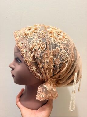 Embroidered Lace Headscarf - Champagne Gold